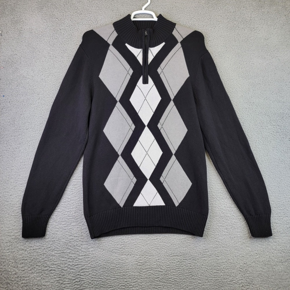 Carbon Sweater Mens L Black Gray Argyle Diamond Quarter Zip Knit Preppy‎ Grandpa